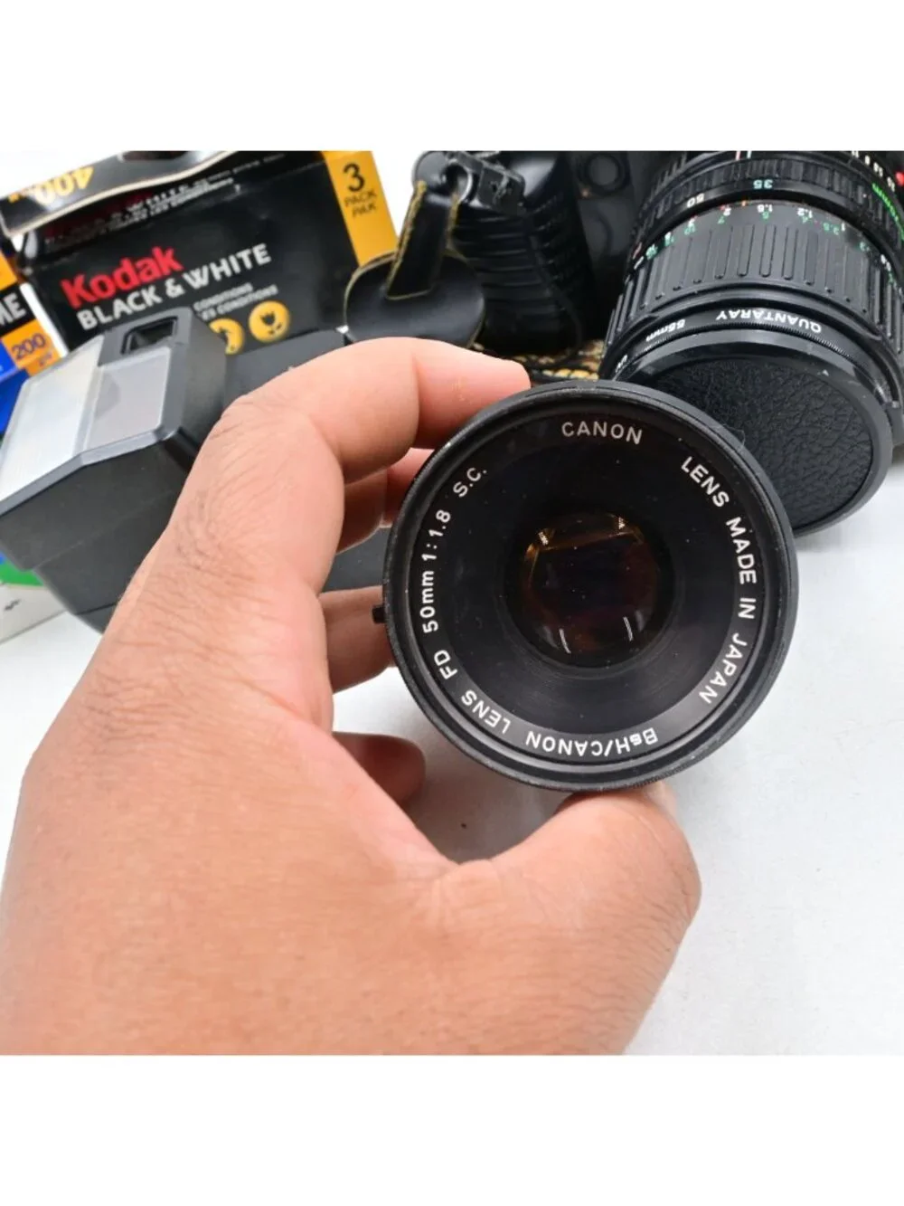 Canon T70 35mm SLR Film Camera W/ 2 Lenses, Flash, Film Untested As Is For Parts